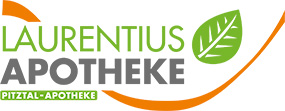 Logo für die Laurentius Apotheke Imst / Pitztal Apotheke mit grünem und grauem Text, einem grünen Blatt, einer orangefarbenen Kurve und einem gelben Feld mit der Aufschrift „Pitztal-Apotheke“.