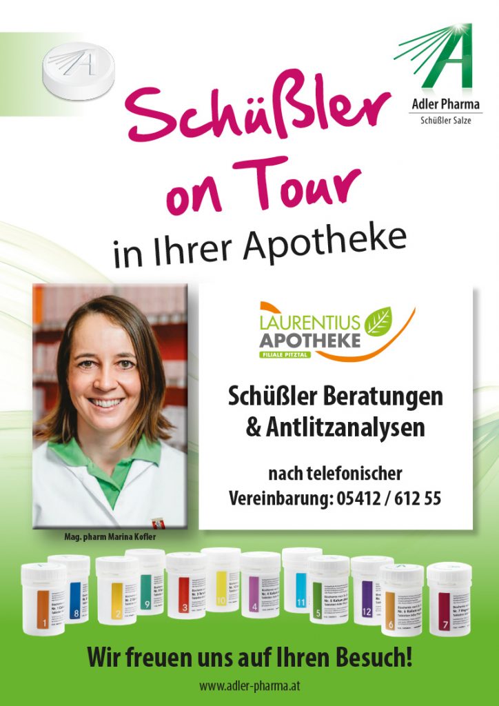 Plakat für Schüßler-Beratungen und -Analysen in der Laurentius Apotheke Imst / Pitztal Apotheke, mit einer lächelnden Frau im weißen Kittel und Abbildungen von Schüßler-Salzbehältern am unteren Rand.