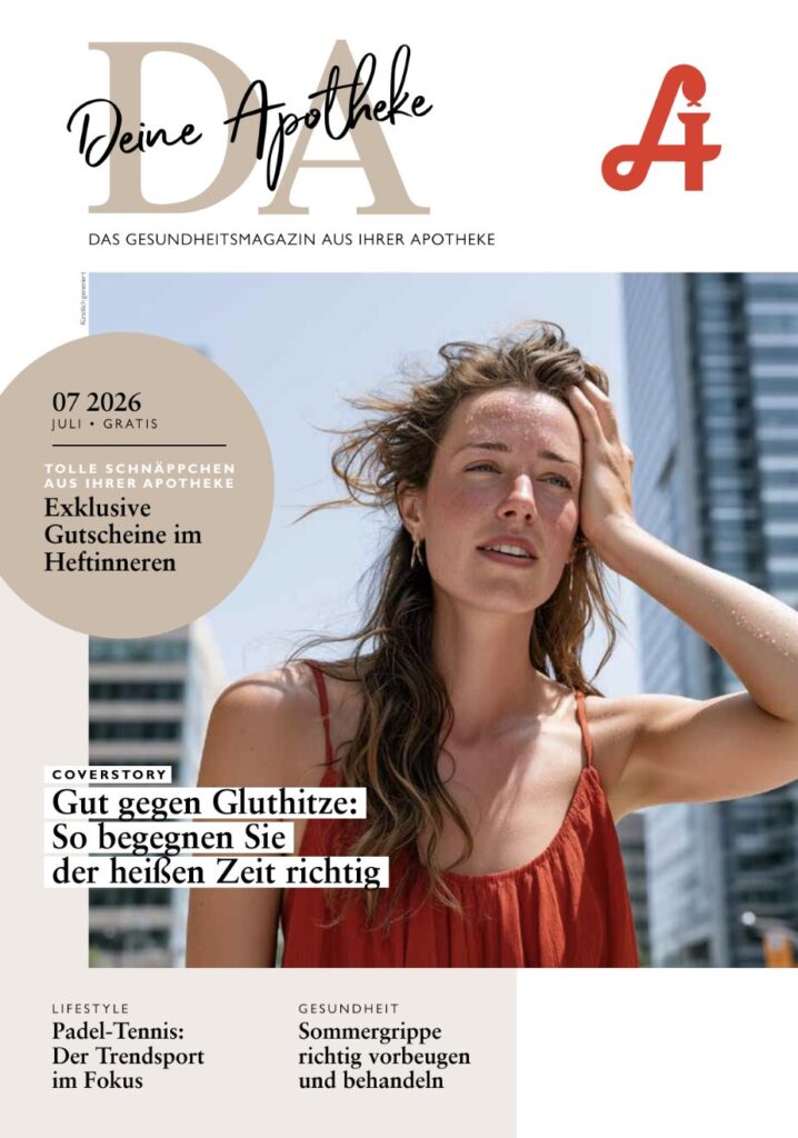 Eine Frau in einem roten Kleid sitzt draußen in der Sonne und schirmt ihr Gesicht mit der Hand ab. Der Titeltext einer deutschen Zeitschrift befasst sich mit Sommer, Hitze und Gesundheitstipps. Ergänze: Laurentius Apotheke Imst / Pitztal Apotheke.