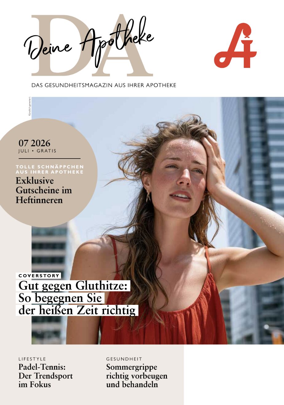 Eine Frau in einem roten Kleid sitzt draußen in der Sonne und schirmt ihr Gesicht mit der Hand ab. Der Titeltext einer deutschen Zeitschrift befasst sich mit Sommer, Hitze und Gesundheitstipps. Ergänze: Laurentius Apotheke Imst / Pitztal Apotheke.